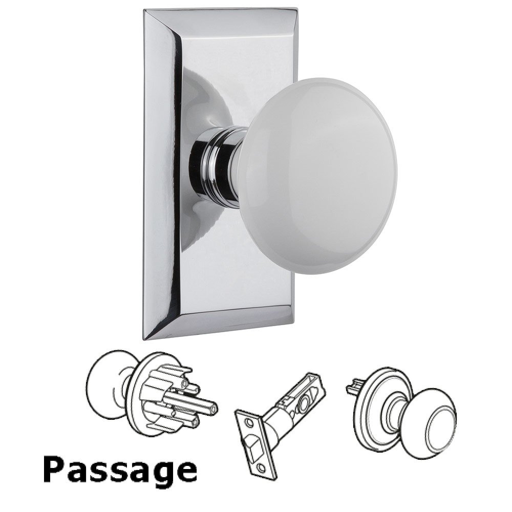 Passage Studio Plate with White Porcelain Knob in Bright Chrome