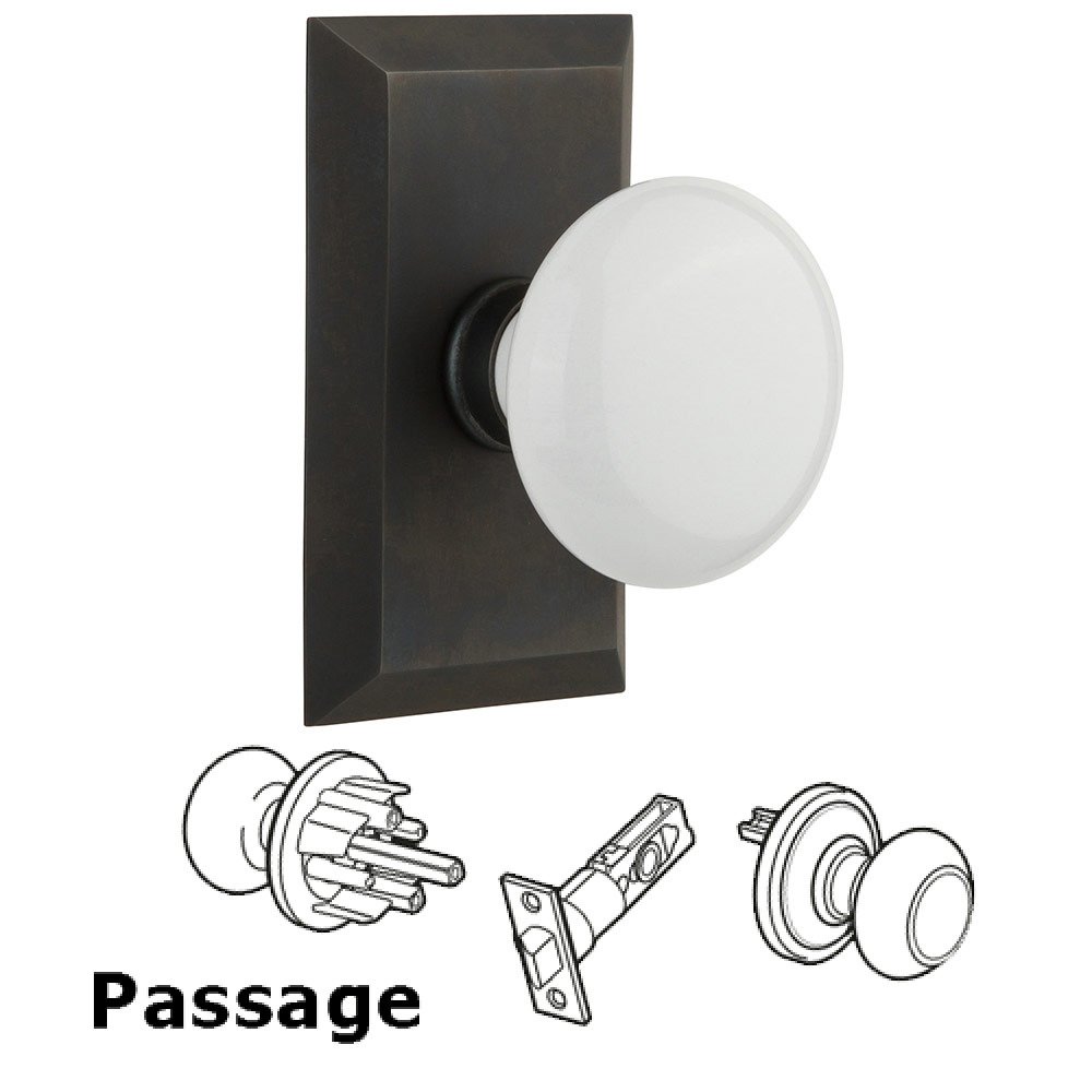 Passage Studio Plate with White Porcelain Knob in Oil Rubbed Bronze