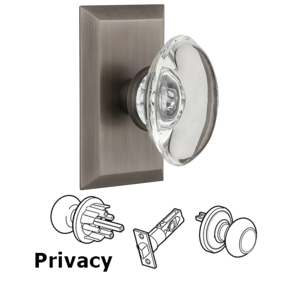 Privacy Studio Plate with Oval Clear Crystal Knob in Antique Pewter