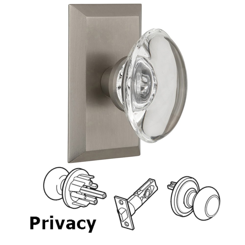 Privacy Studio Plate with Oval Clear Crystal Knob in Satin Nickel