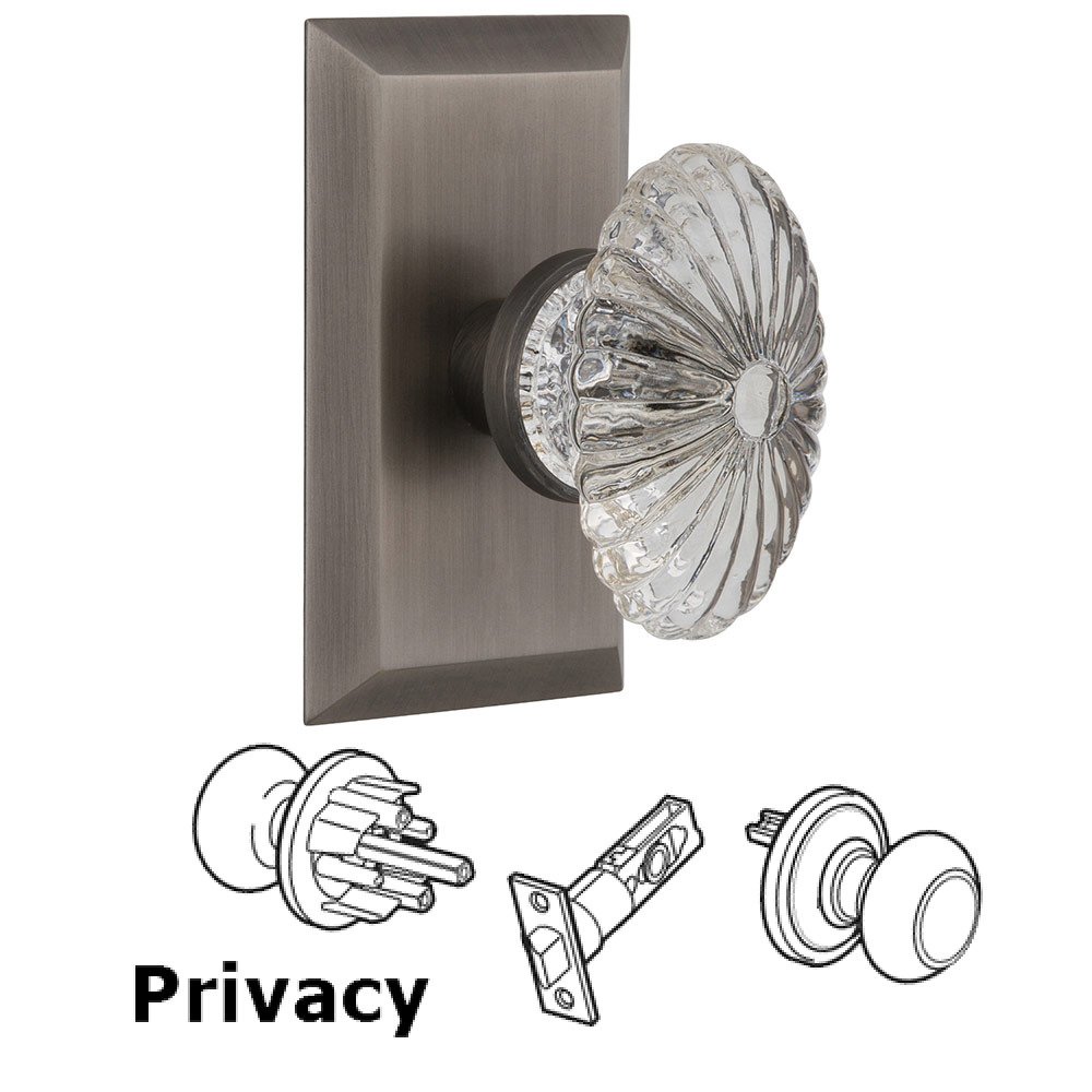 Privacy Studio Plate with Oval Fluted Crystal Knob in Antique Pewter