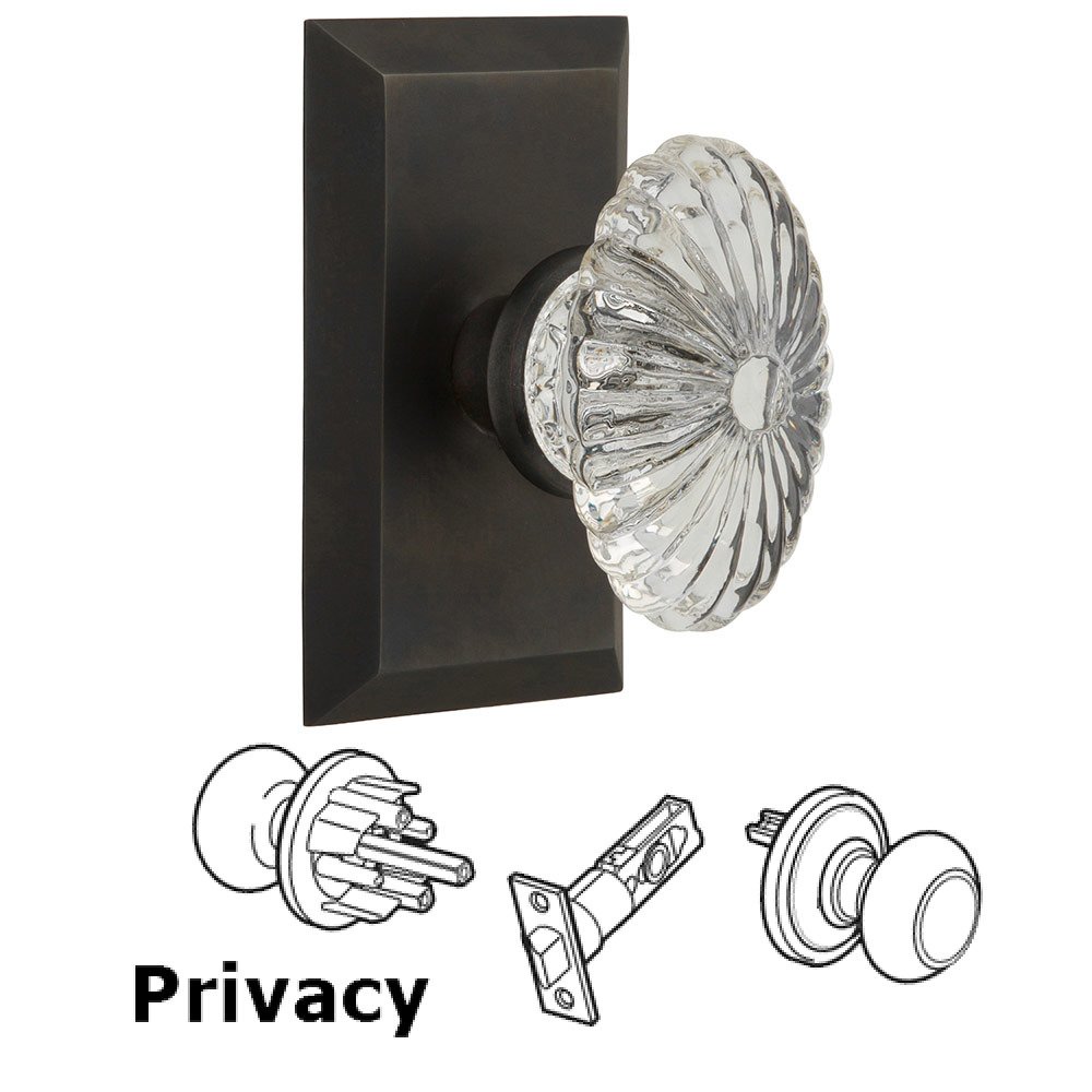 Privacy Studio Plate with Oval Fluted Crystal Knob in Oil Rubbed Bronze