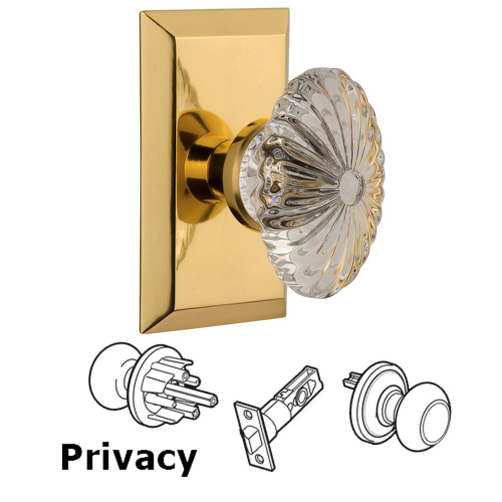 Privacy Studio Plate with Oval Fluted Crystal Knob in Polished Brass