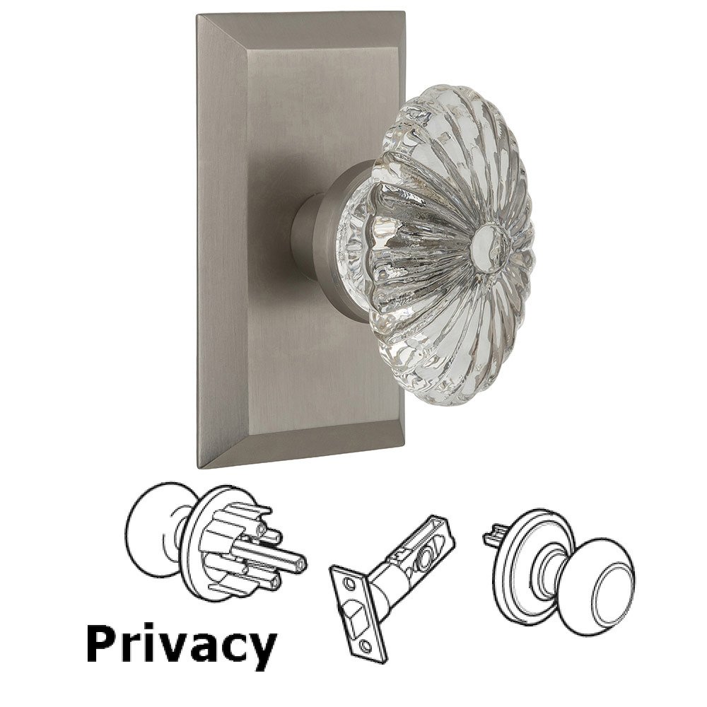 Privacy Studio Plate with Oval Fluted Crystal Knob in Satin Nickel