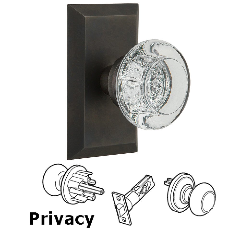 Privacy Studio Plate with Round Clear Crystal Knob in Oil Rubbed Bronze