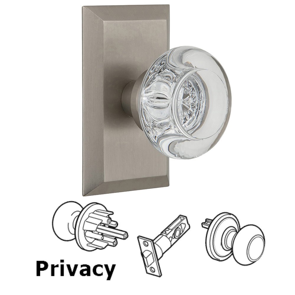 Privacy Studio Plate with Round Clear Crystal Knob in Satin Nickel