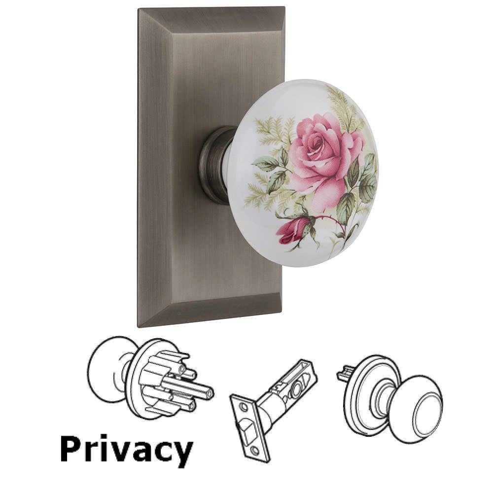Privacy Studio Plate with White Rose Porcelain Knob in Antique Pewter