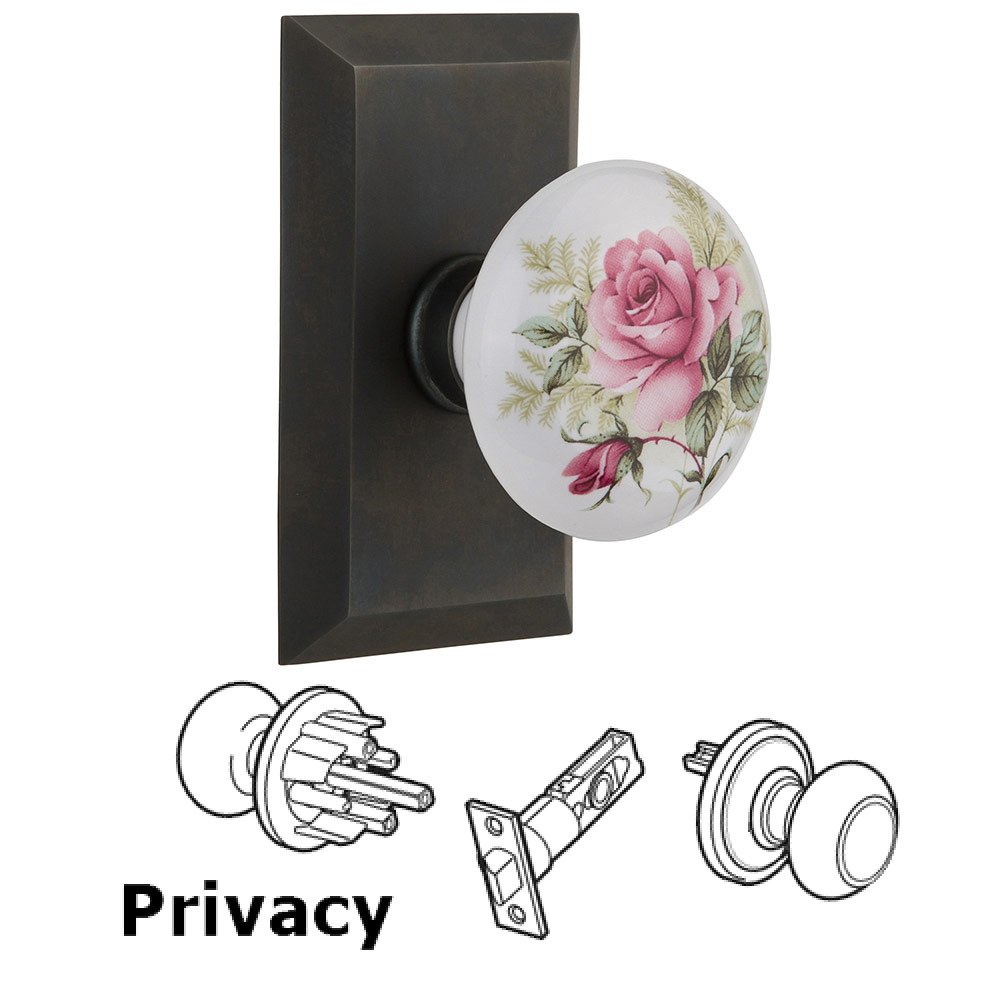 Privacy Studio Plate with White Rose Porcelain Knob in Oil Rubbed Bronze