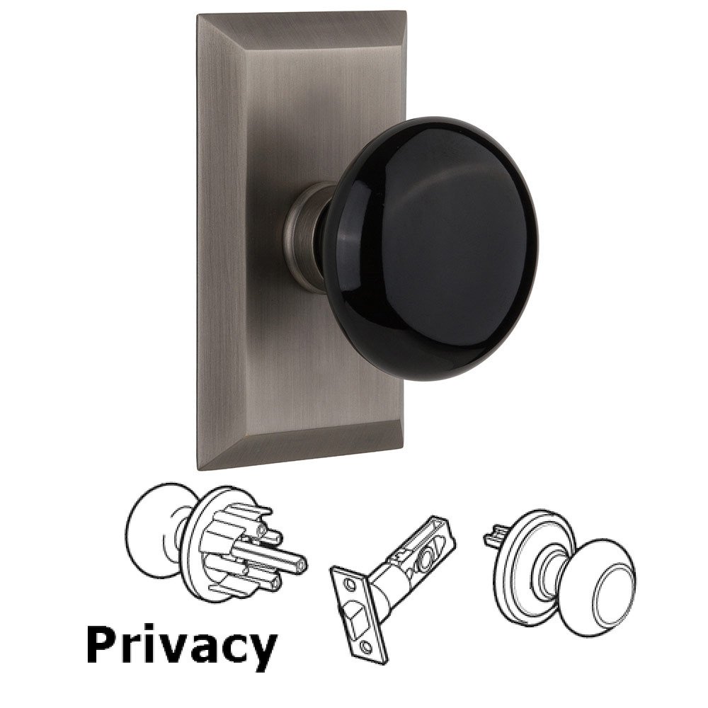 Privacy Studio Plate with Black Porcelain Knob in Antique Pewter