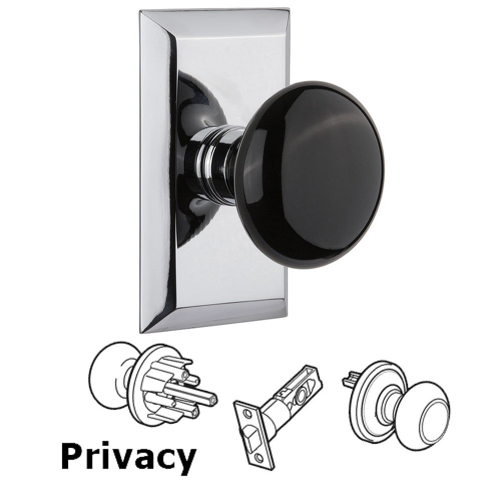 Privacy Studio Plate with Black Porcelain Knob in Bright Chrome