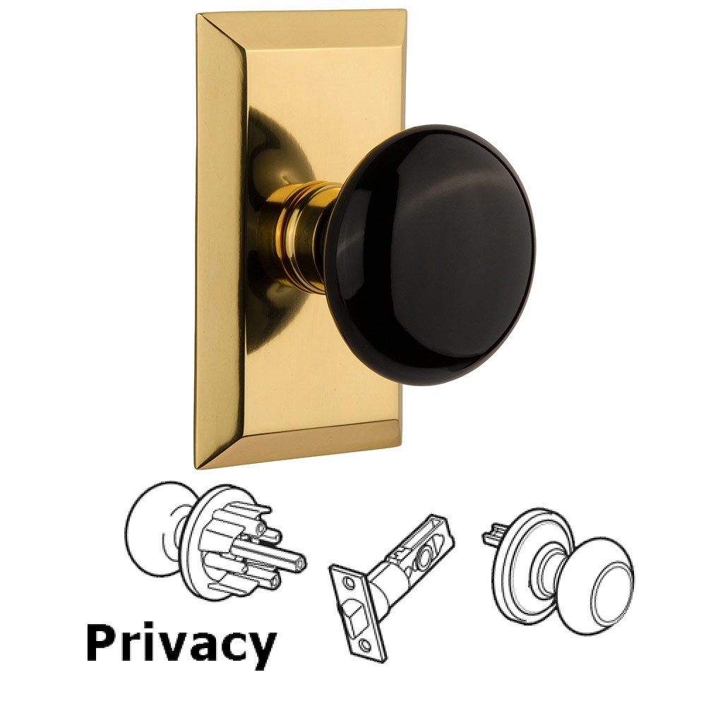 Privacy Studio Plate with Black Porcelain Knob in Polished Brass