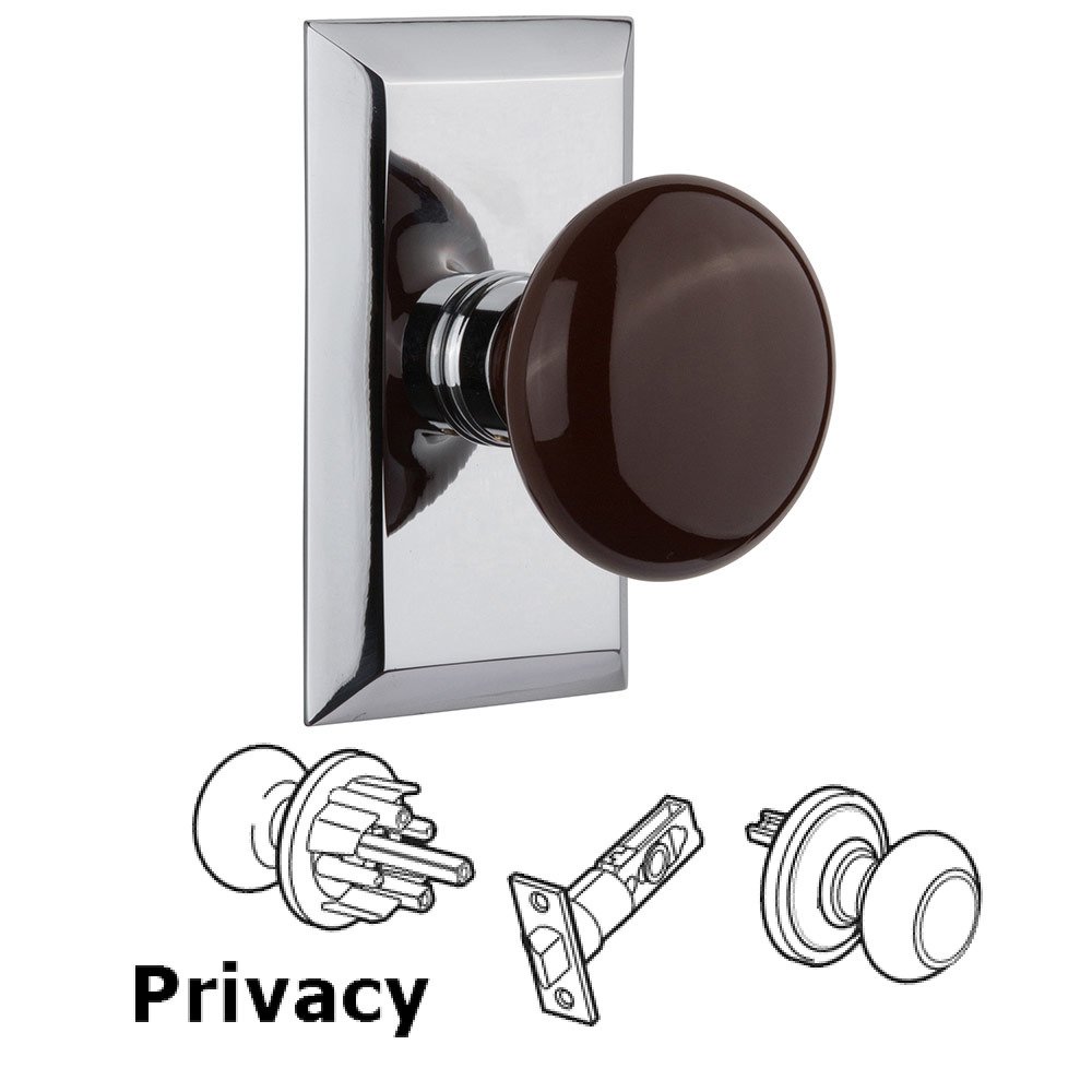 Privacy Studio Plate with Brown Porcelain Knob in Bright Chrome