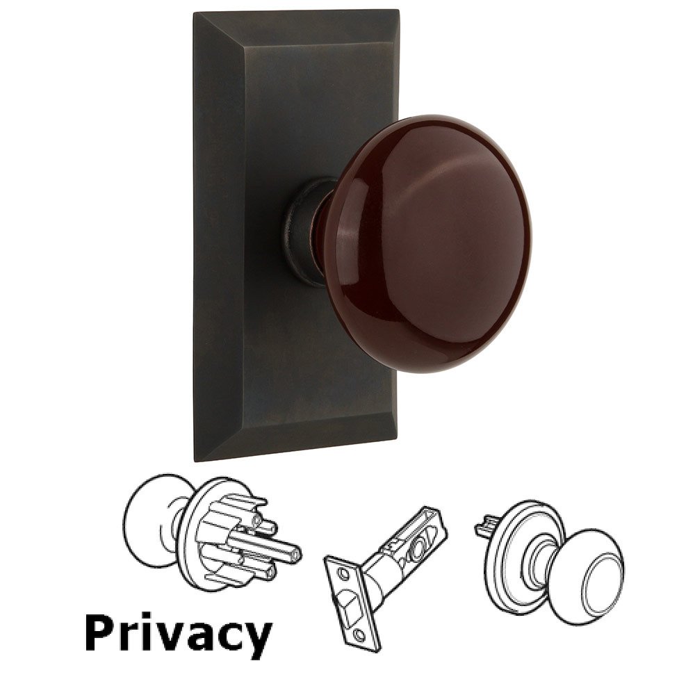 Privacy Studio Plate with Brown Porcelain Knob in Oil Rubbed Bronze