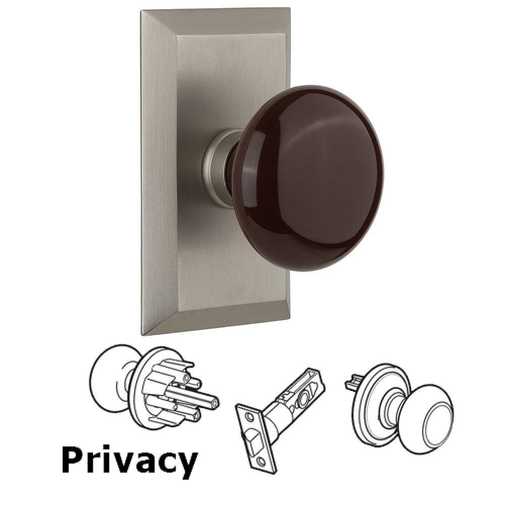 Privacy Studio Plate with Brown Porcelain Knob in Satin Nickel