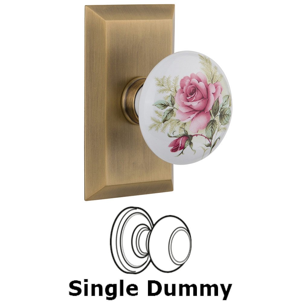 Single Dummy Studio Plate with White Rose Porcelain Knob in Antique Brass