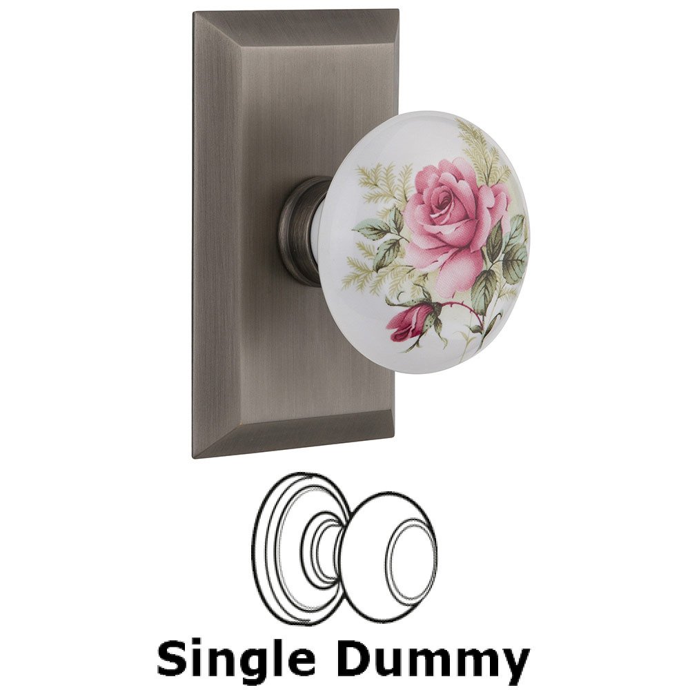 Single Dummy Studio Plate with White Rose Porcelain Knob in Antique Pewter