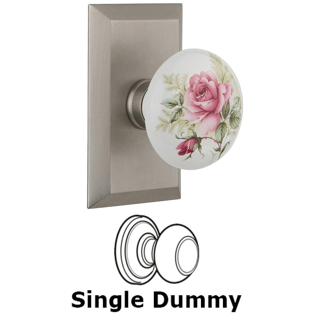 Single Dummy Studio Plate with White Rose Porcelain Knob in Satin Nickel