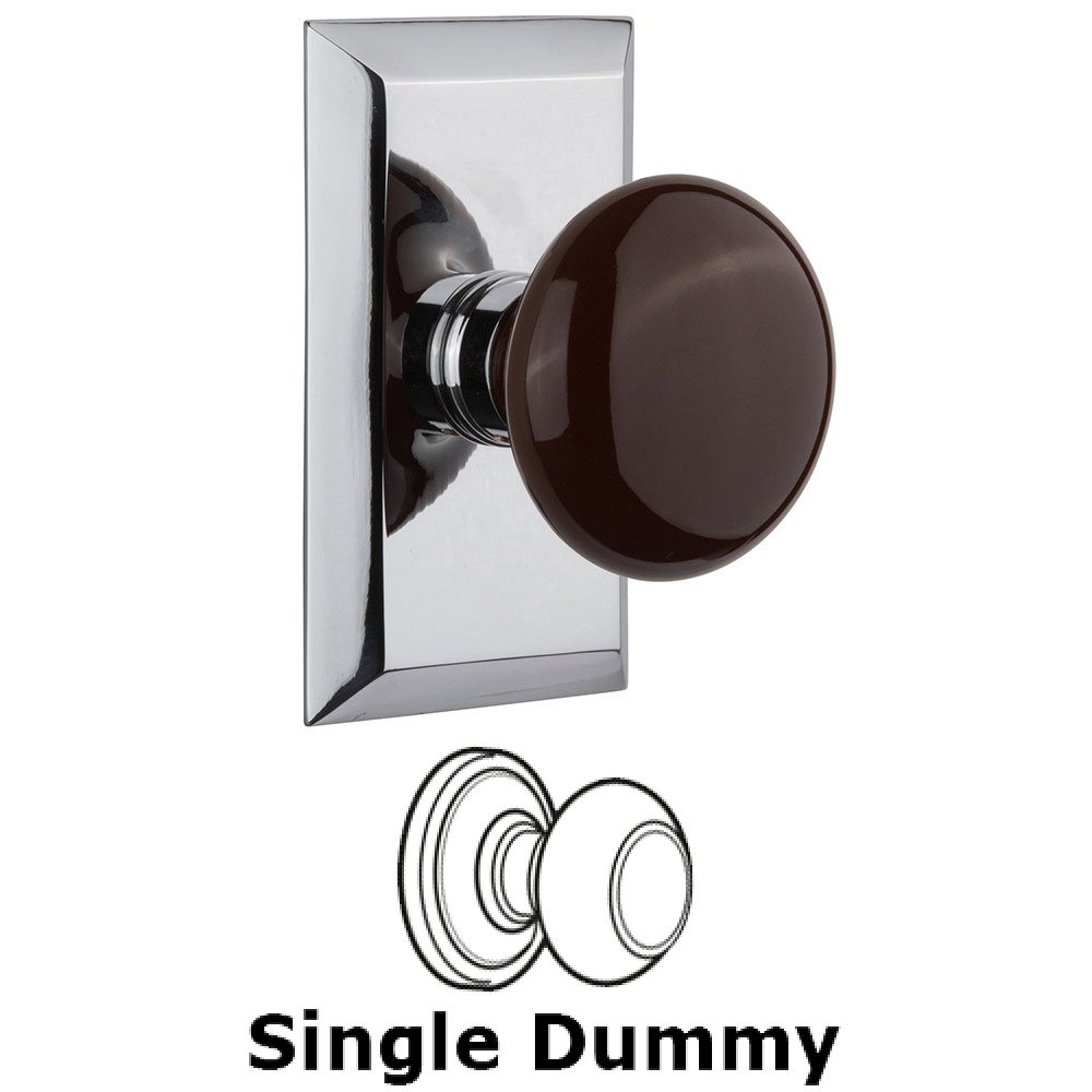 Single Dummy Studio Plate with Brown Porcelain Knob in Bright Chrome