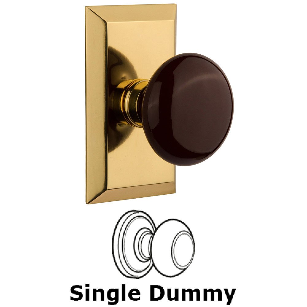 Single Dummy Studio Plate with Brown Porcelain Knob in Polished Brass
