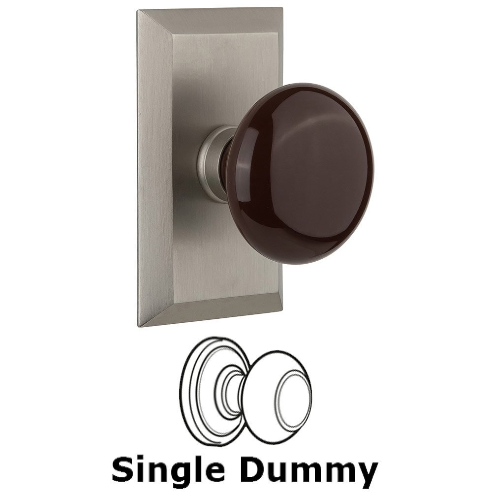 Single Dummy Studio Plate with Brown Porcelain Knob in Satin Nickel