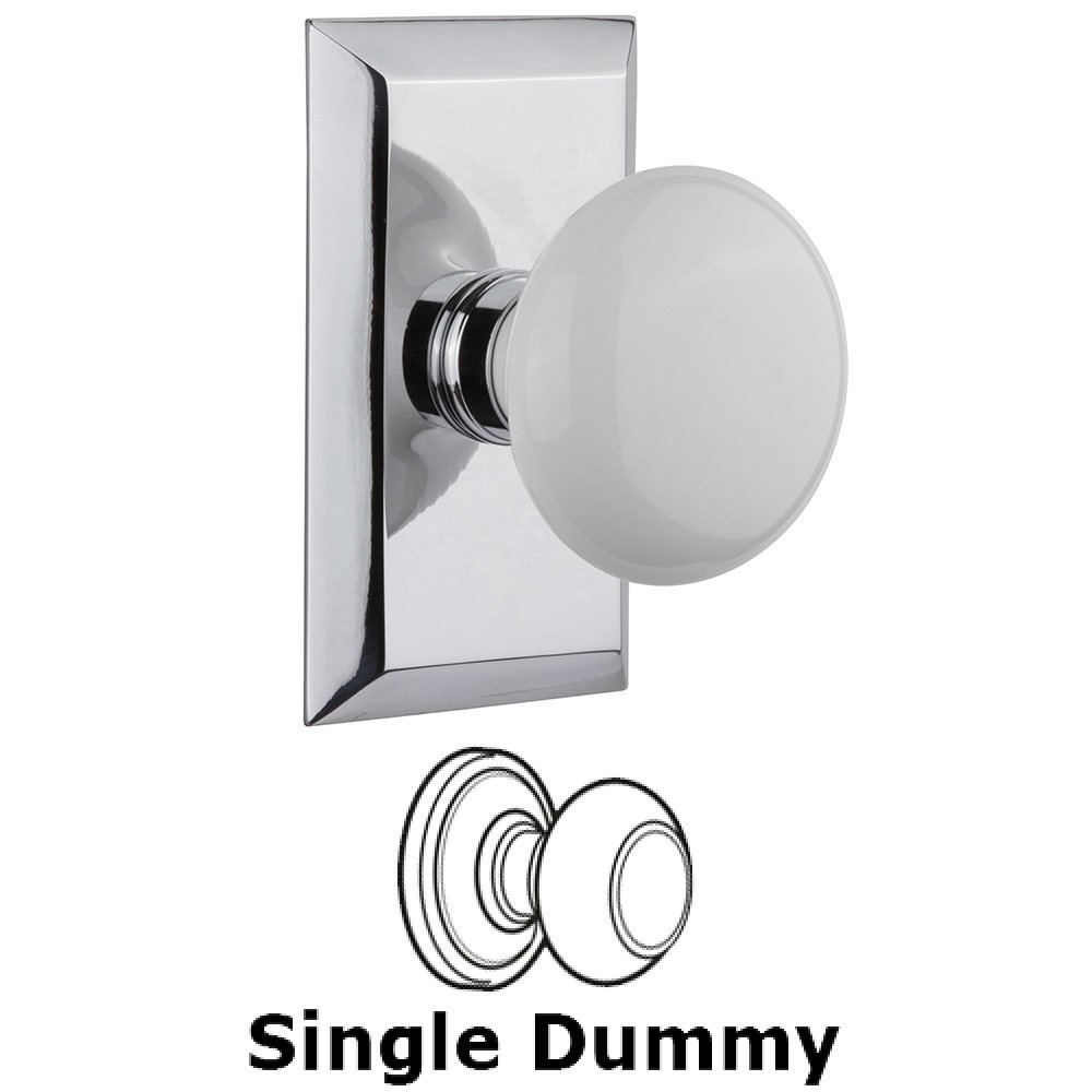 Single Dummy Studio Plate with White Porcelain Knob in Bright Chrome