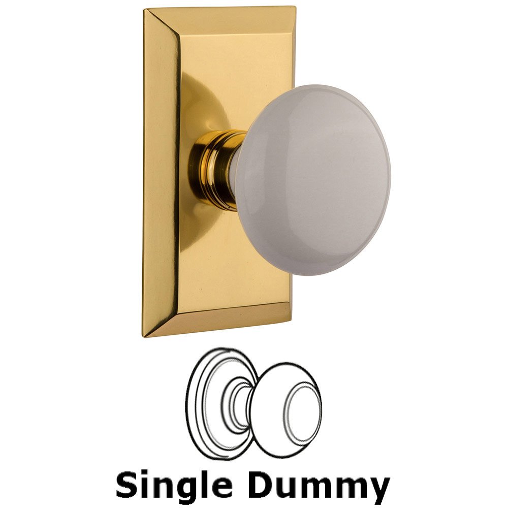 Single Dummy Studio Plate with White Porcelain Knob in Polished Brass