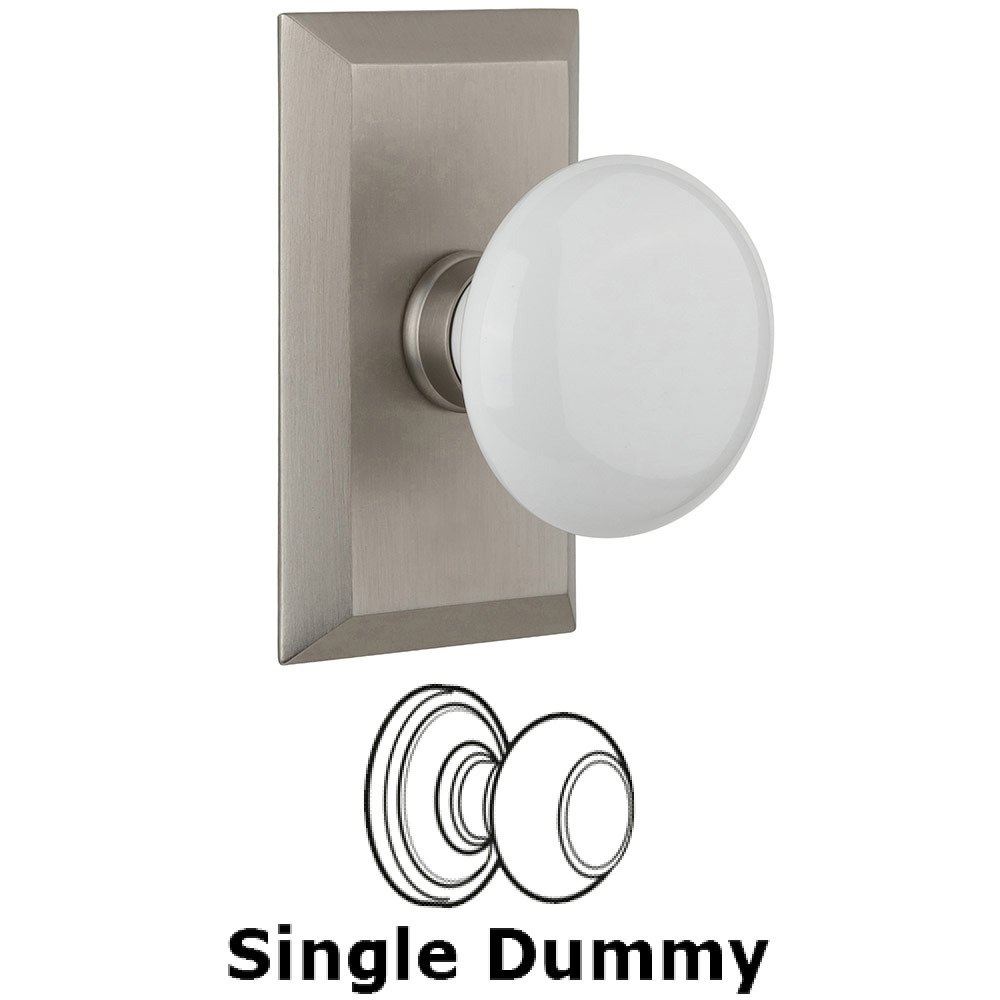 Single Dummy Studio Plate with White Porcelain Knob in Satin Nickel