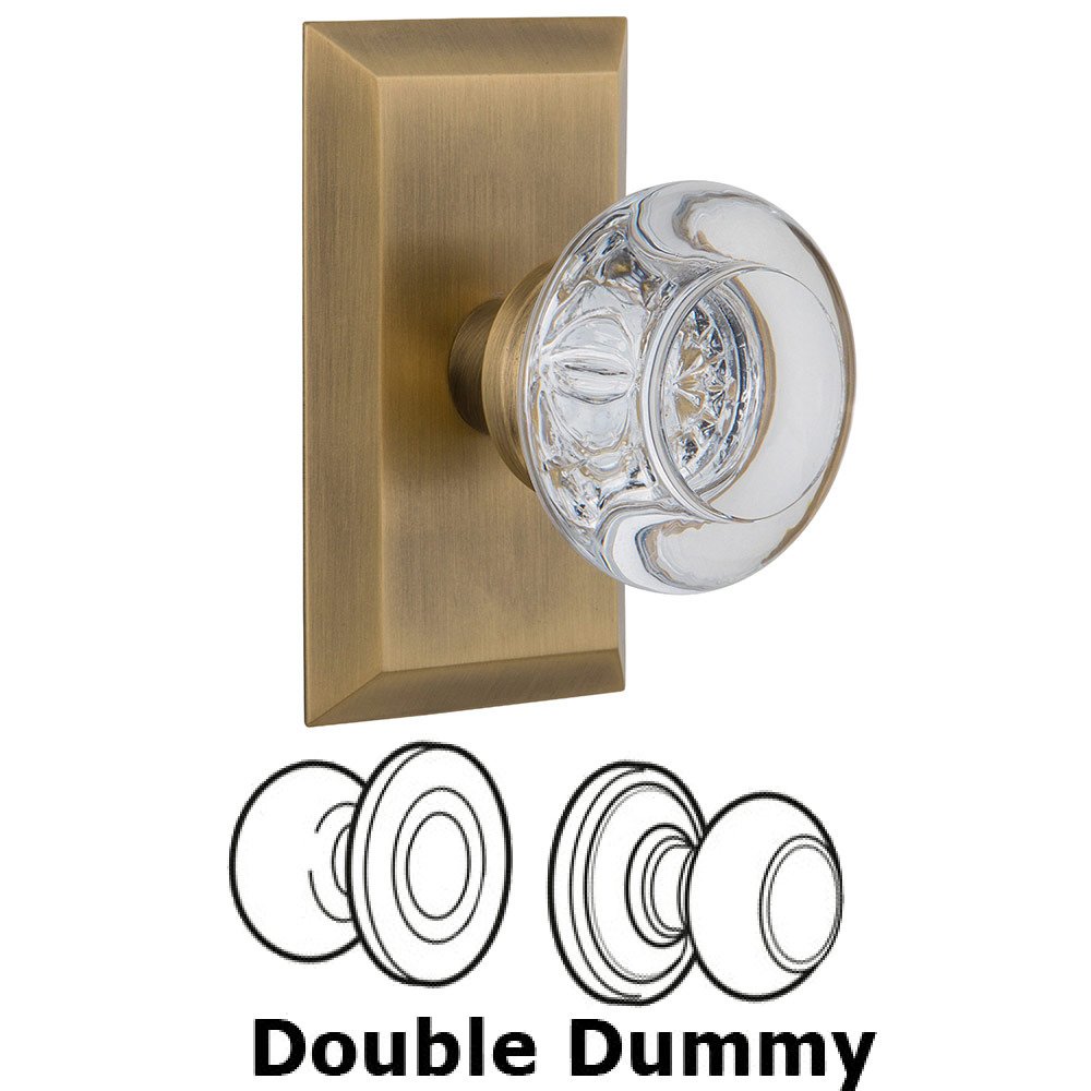 Double Dummy Studio Plate with Round Clear Crystal Knob in Antique Brass