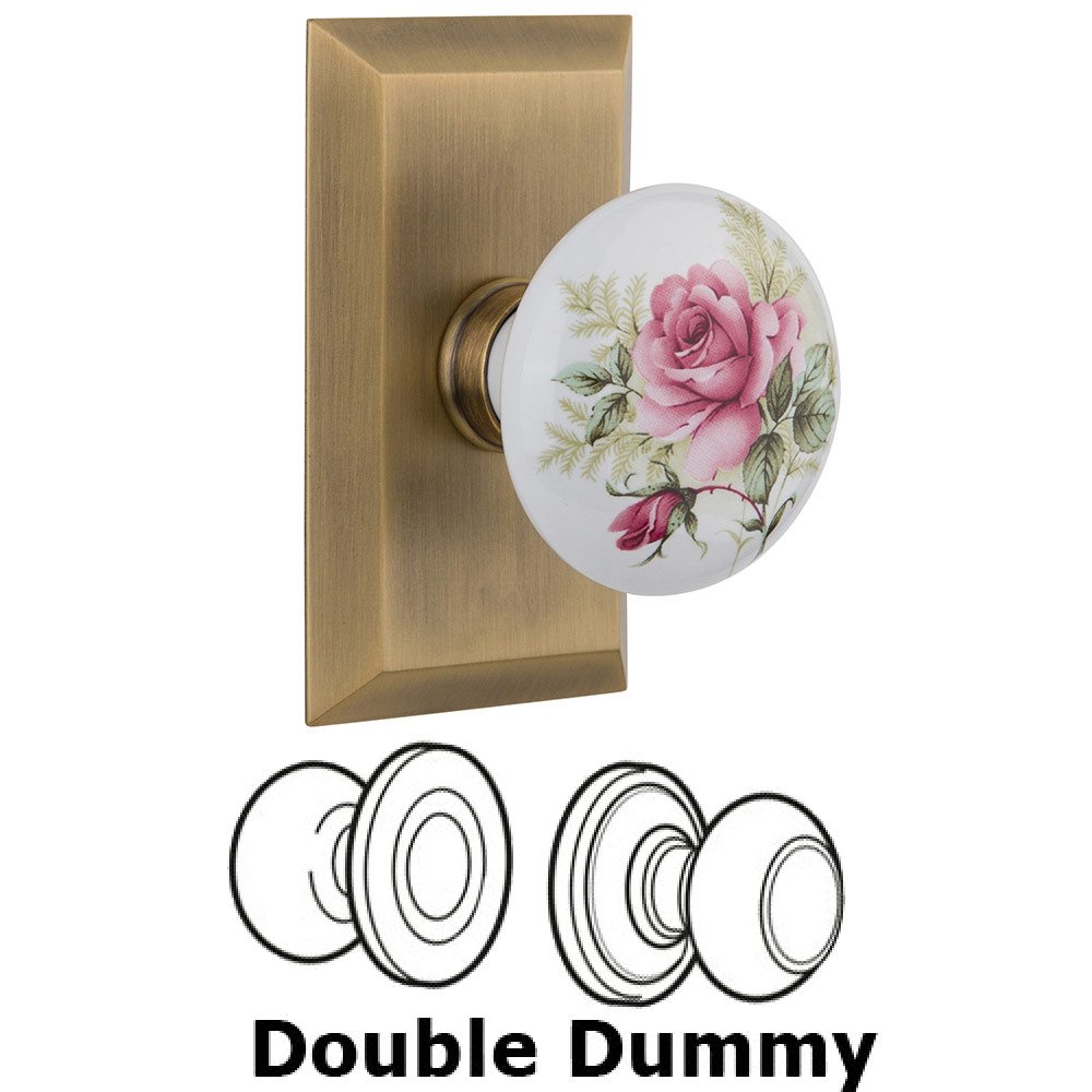 Double Dummy Studio Plate with White Rose Porcelain Knob in Antique Brass