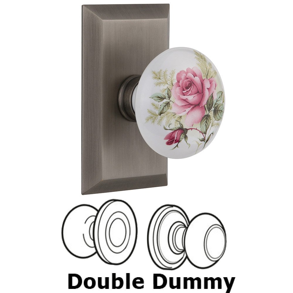 Double Dummy Studio Plate with White Rose Porcelain Knob in Antique Pewter