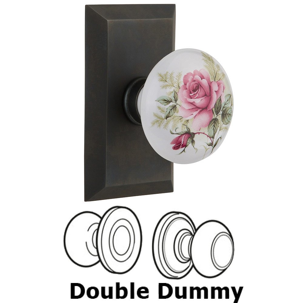 Double Dummy Studio Plate with White Rose Porcelain Knob in Oil Rubbed Bronze