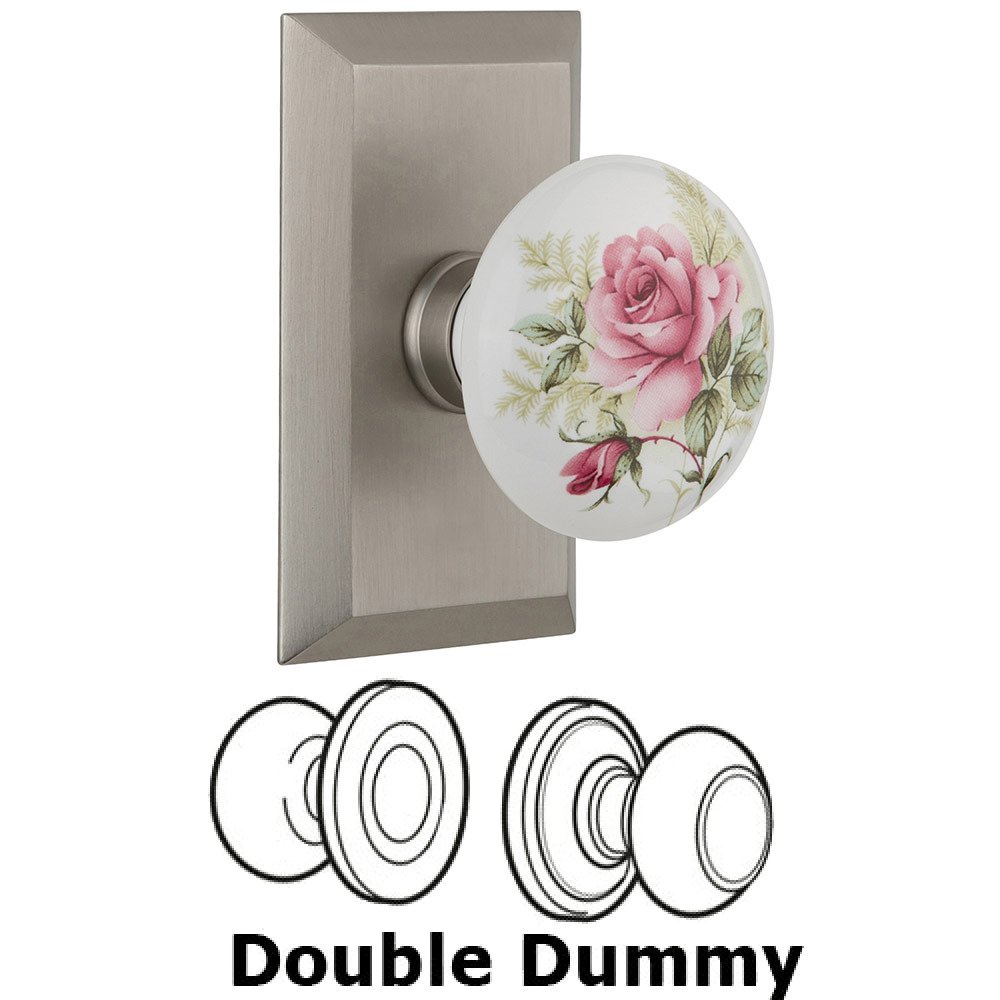 Double Dummy Studio Plate with White Rose Porcelain Knob in Satin Nickel