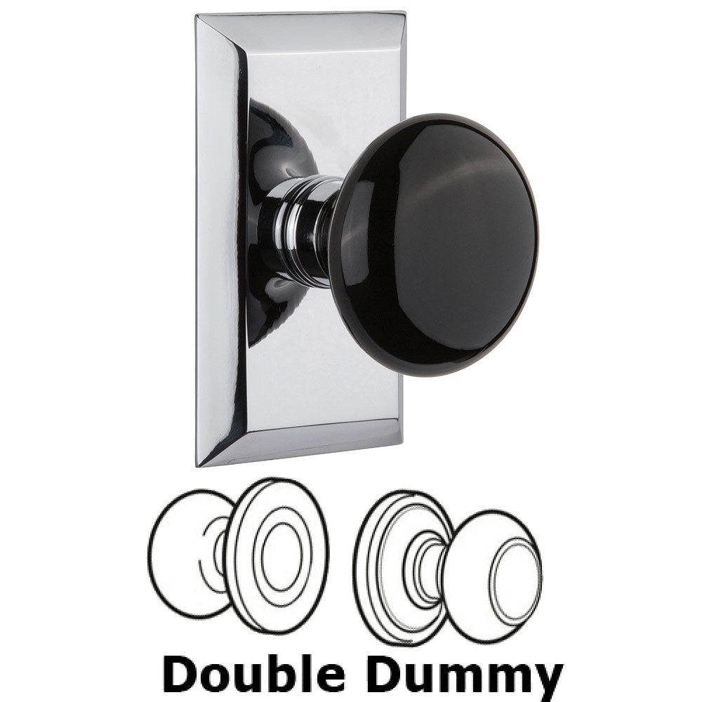 Double Dummy Studio Plate with Black Porcelain Knob in Bright Chrome