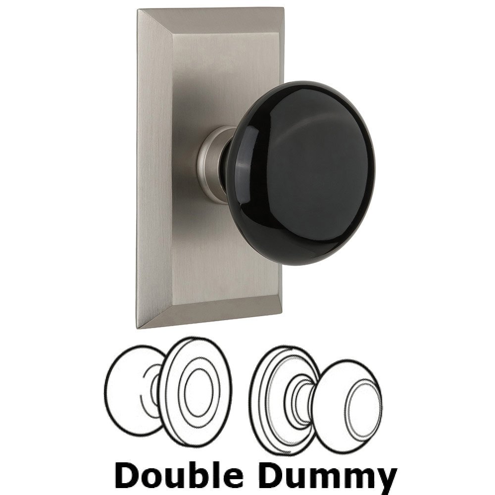 Double Dummy Studio Plate with Black Porcelain Knob in Satin Nickel