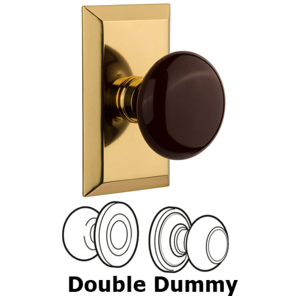 Double Dummy Studio Plate with Brown Porcelain Knob in Polished Brass