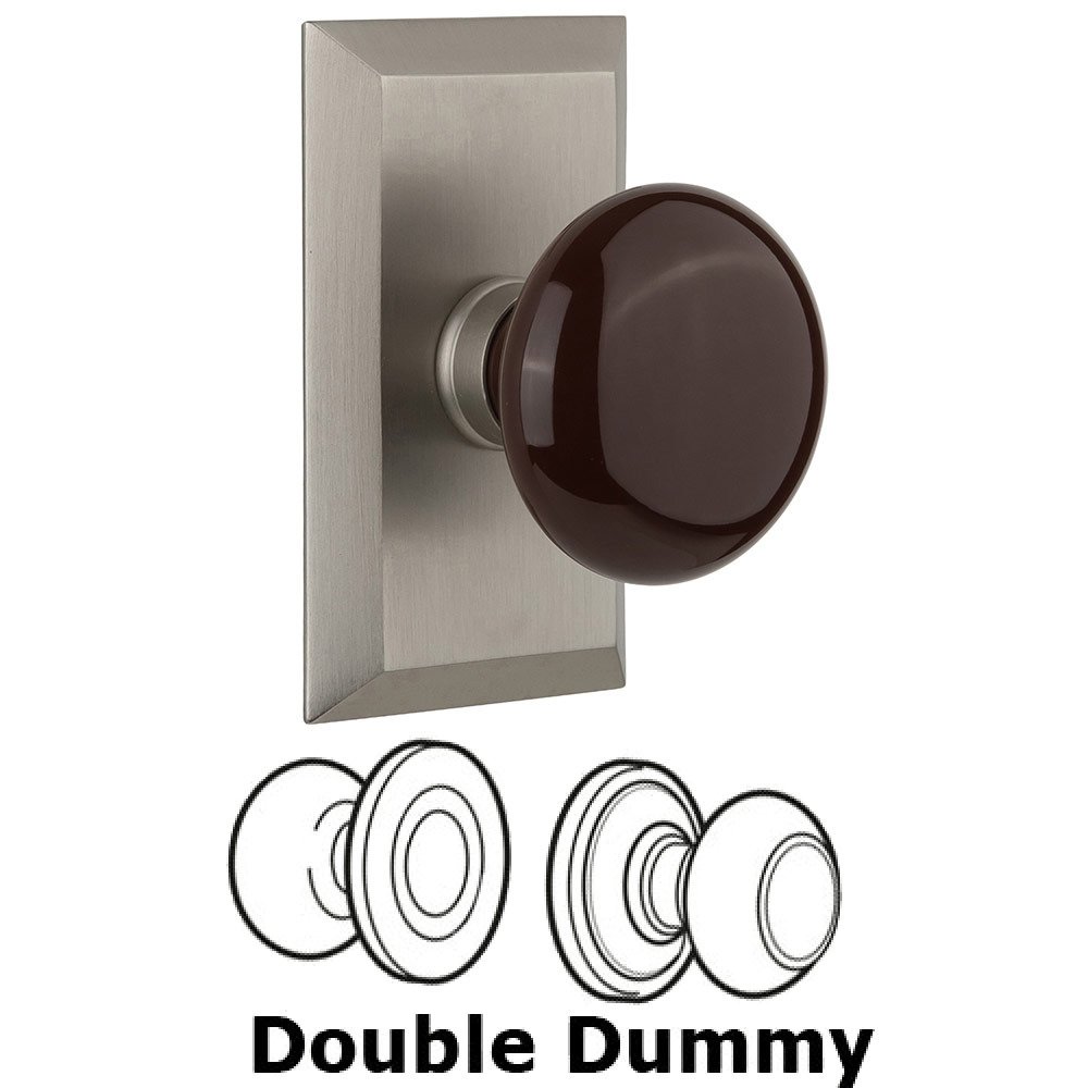 Double Dummy Studio Plate with Brown Porcelain Knob in Satin Nickel