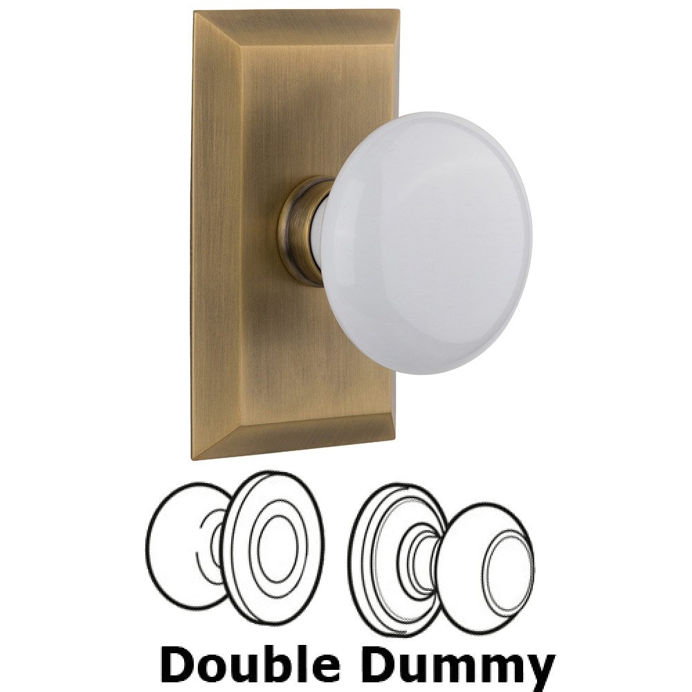 Double Dummy Studio Plate with White Porcelain Knob in Antique Brass