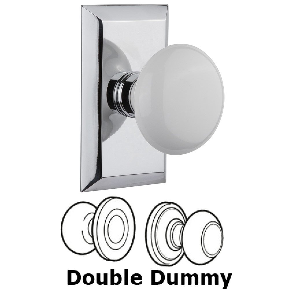 Double Dummy Studio Plate with White Porcelain Knob in Bright Chrome