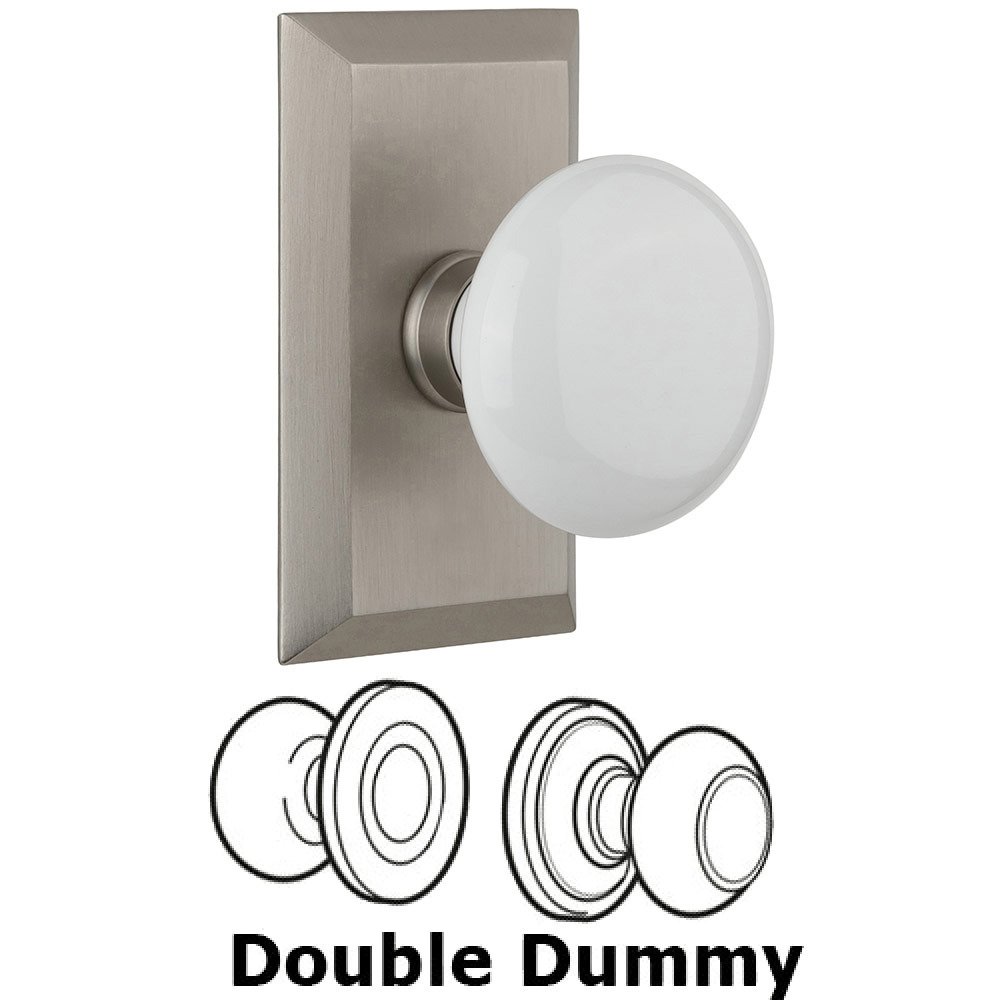 Double Dummy Studio Plate with White Porcelain Knob in Satin Nickel