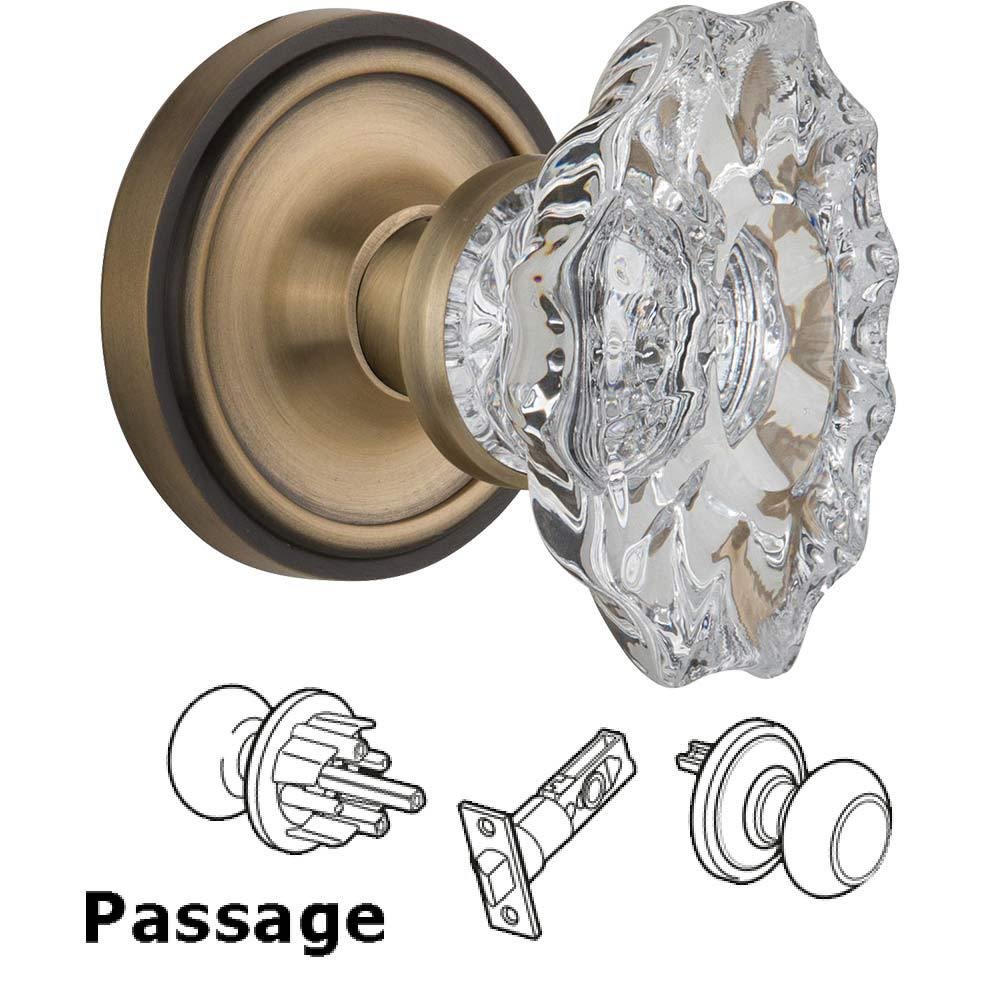 Full Passage Set Without Keyhole - Classic Rosette with Chateau Crystal Knob in Antique Brass