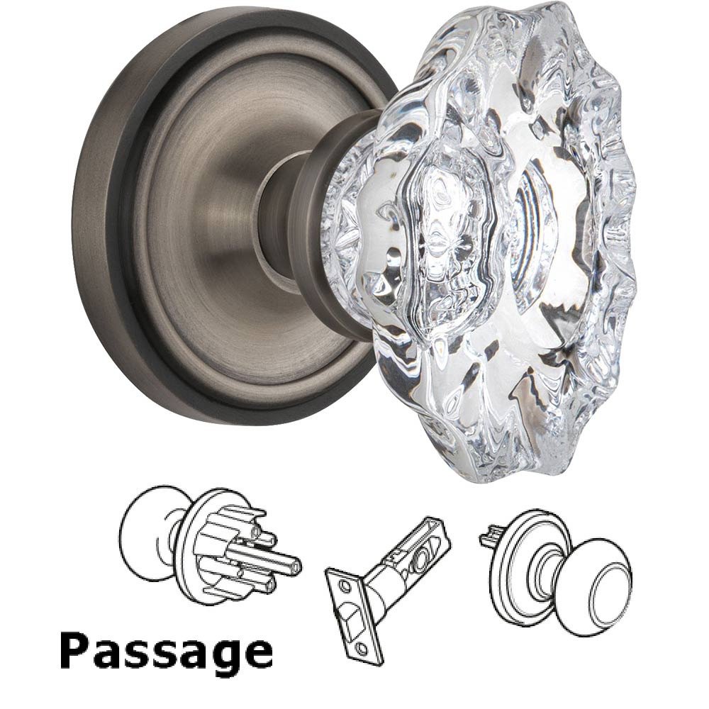 Full Passage Set Without Keyhole - Classic Rosette with Chateau Crystal Knob in Antique Pewter