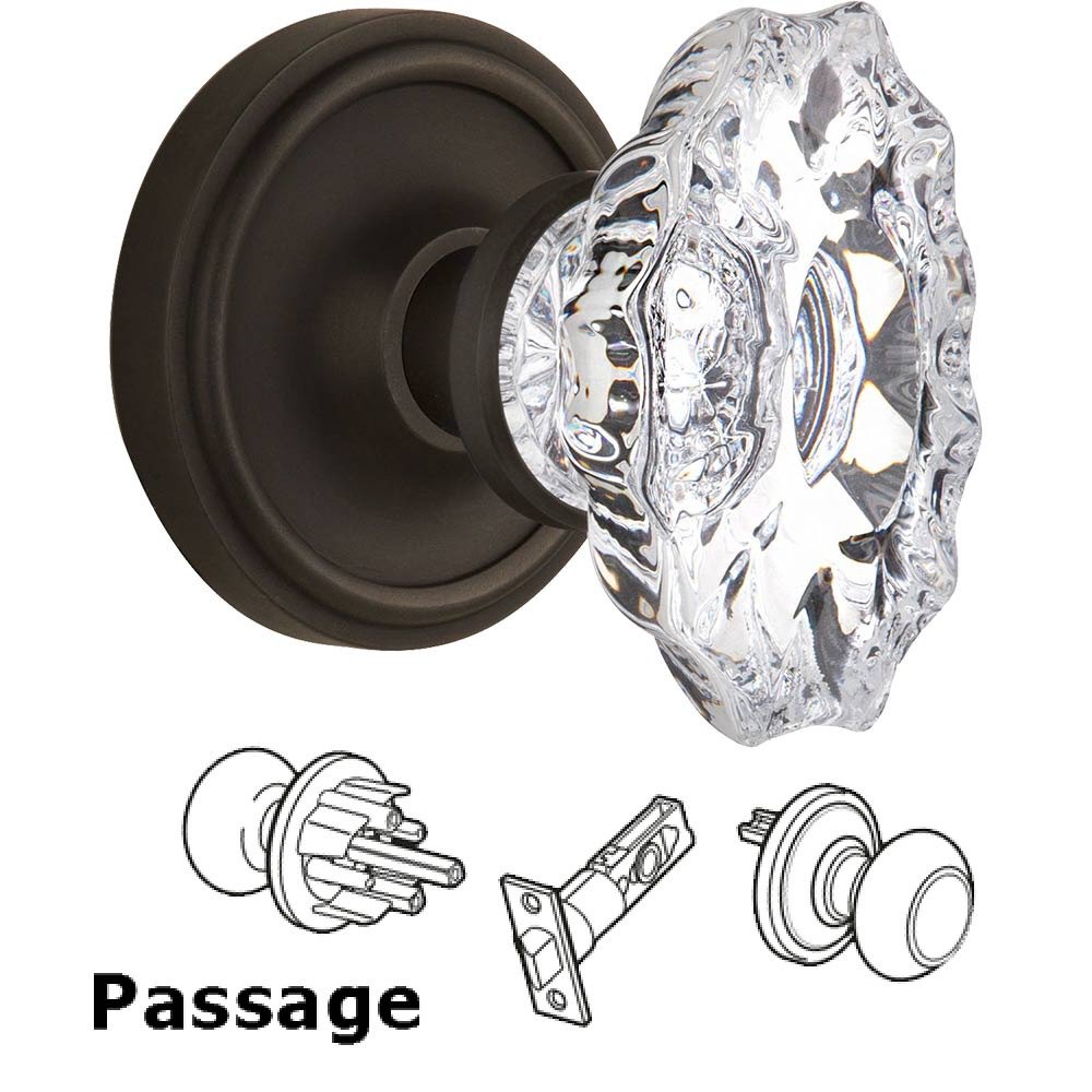 Full Passage Set Without Keyhole - Classic Rosette with Chateau Crystal Knob in Oil Rubbed Bronze