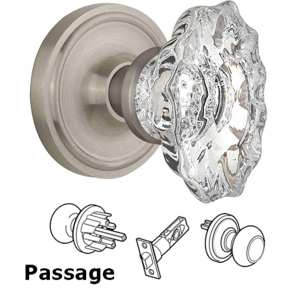 Full Passage Set Without Keyhole - Classic Rosette with Chateau Crystal Knob in Satin Nickel