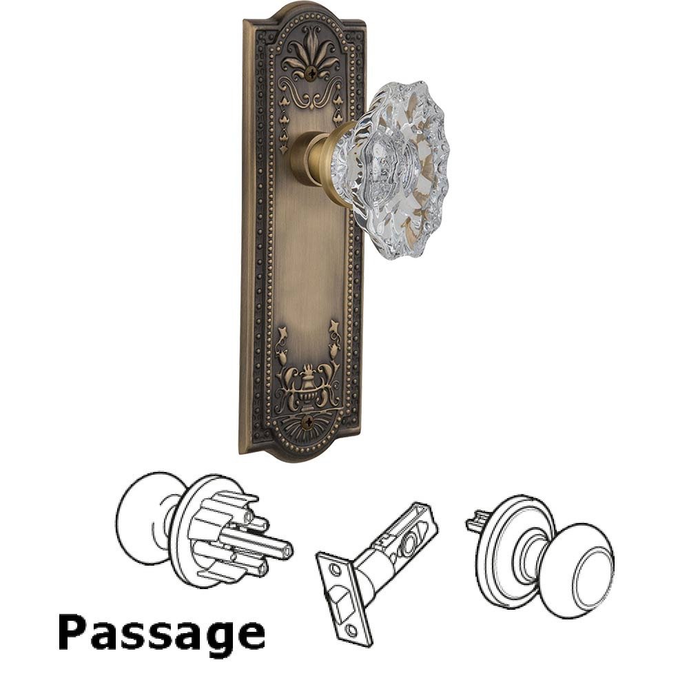 Full Passage Set Without Keyhole - Meadows Plate with Chateau Crystal Knob in Antique Brass