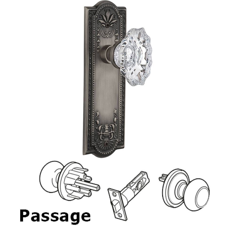 Full Passage Set Without Keyhole - Meadows Plate with Chateau Crystal Knob in Antique Pewter