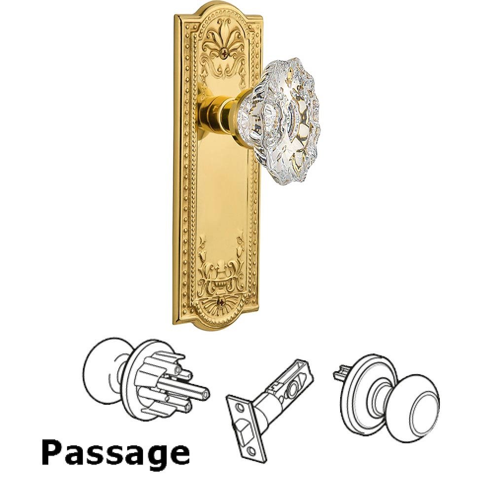 Full Passage Set Without Keyhole - Meadows Plate with Chateau Crystal Knob in Polished Brass
