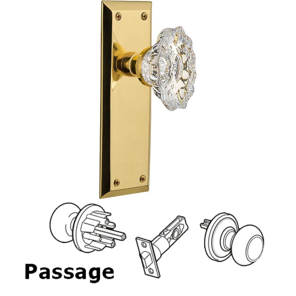 Full Passage Set Without Keyhole - New York Plate with Chateau Crystal Knob in Polished Brass