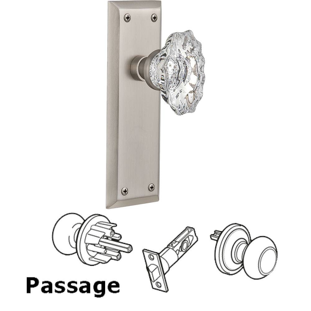 Full Passage Set Without Keyhole - New York Plate with Chateau Crystal Knob in Satin Nickel