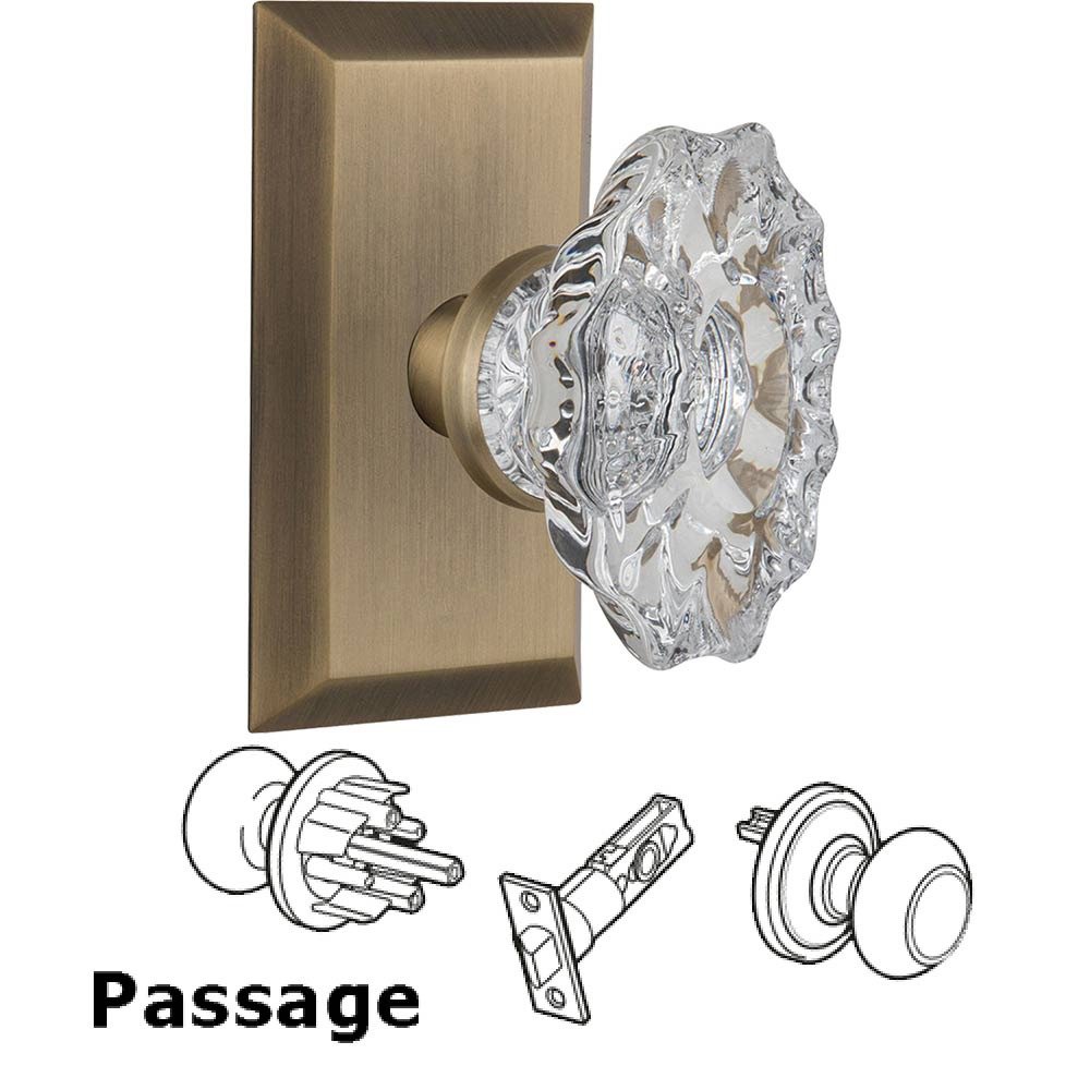 Full Passage Set Without Keyhole - Studio Plate with Chateau Crystal Knob in Antique Brass