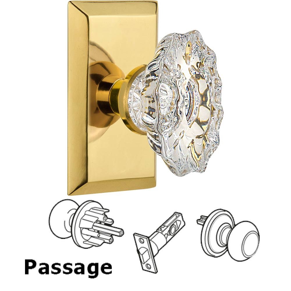 Full Passage Set Without Keyhole - Studio Plate with Chateau Crystal Knob in Polished Brass
